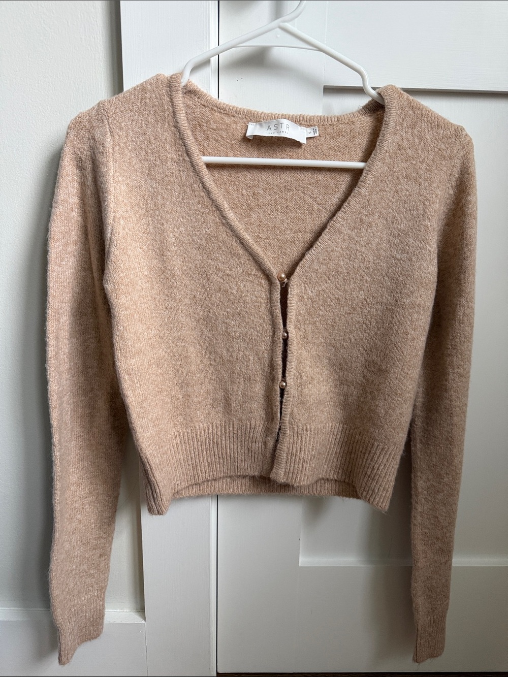 Astr Taupe V-Neck Cropped Cardigan with Pearl Buttons